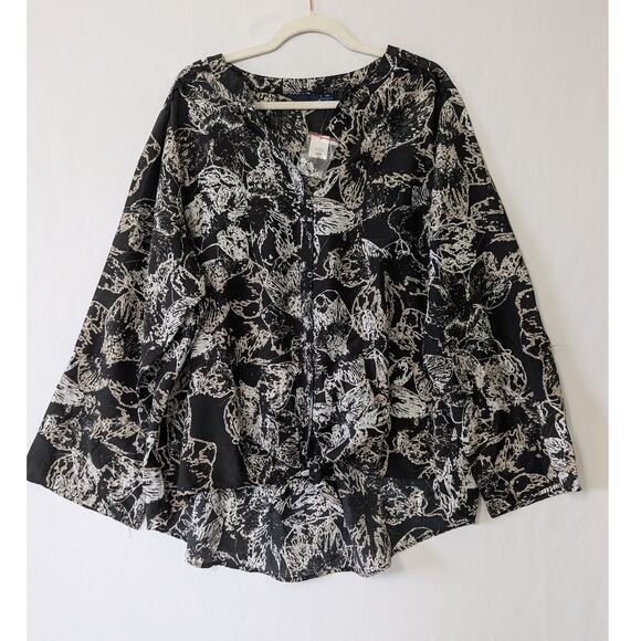 Westbound Woman Button Up Tie Front Tropical Black White Top Size 3X Boho New - Picture 1 of 9